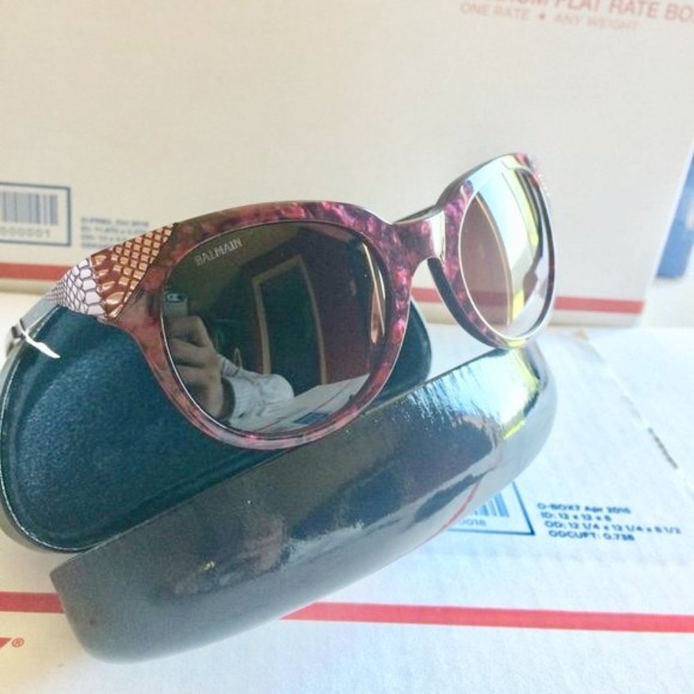 NEW Balmain BL2082b burgundy purple marble embossed round cateye sunglasses NWOT